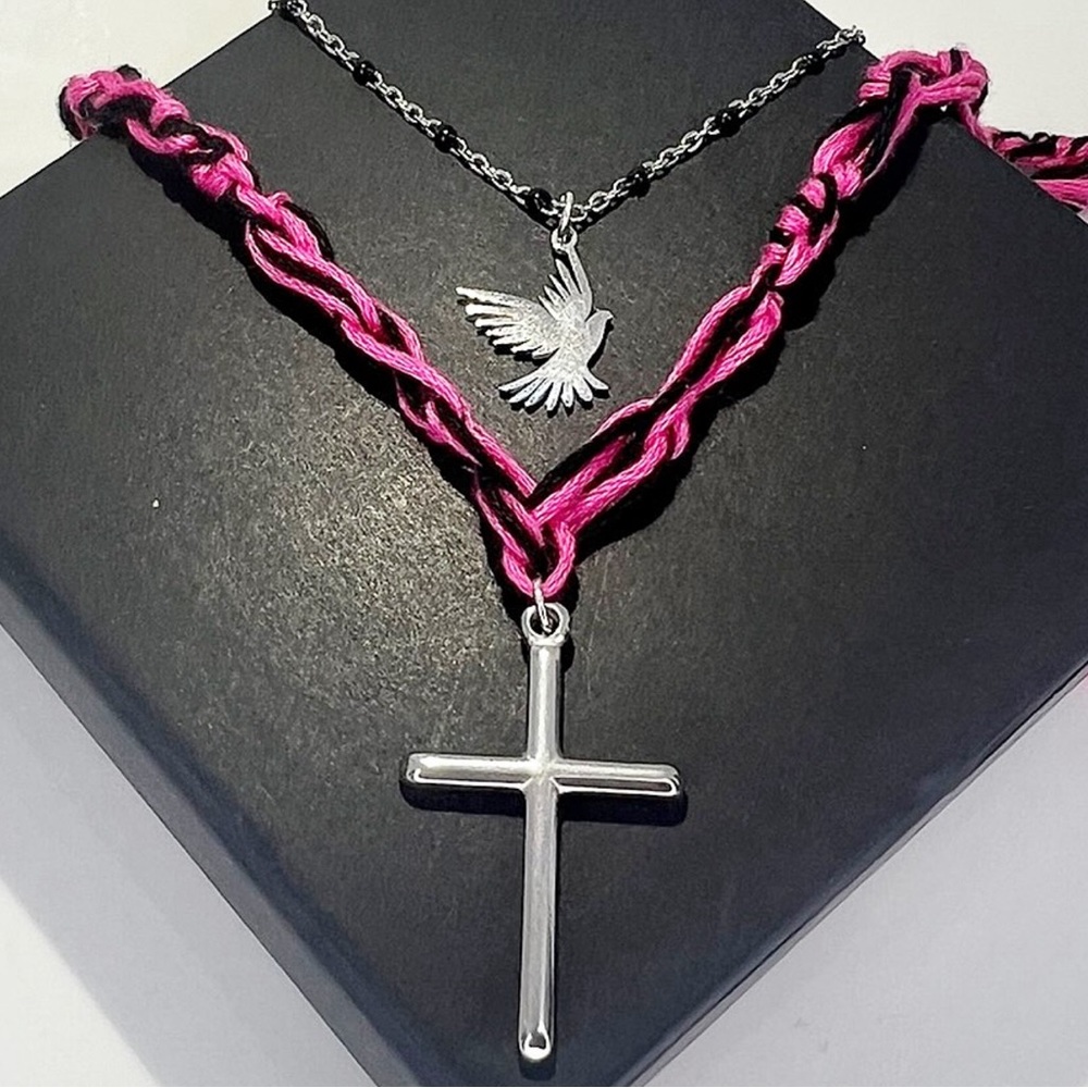 Pink&Black Woven Cotton Rope w Enamel Beaded Chain, Cross Dove Pendants - Picture 1 of 4